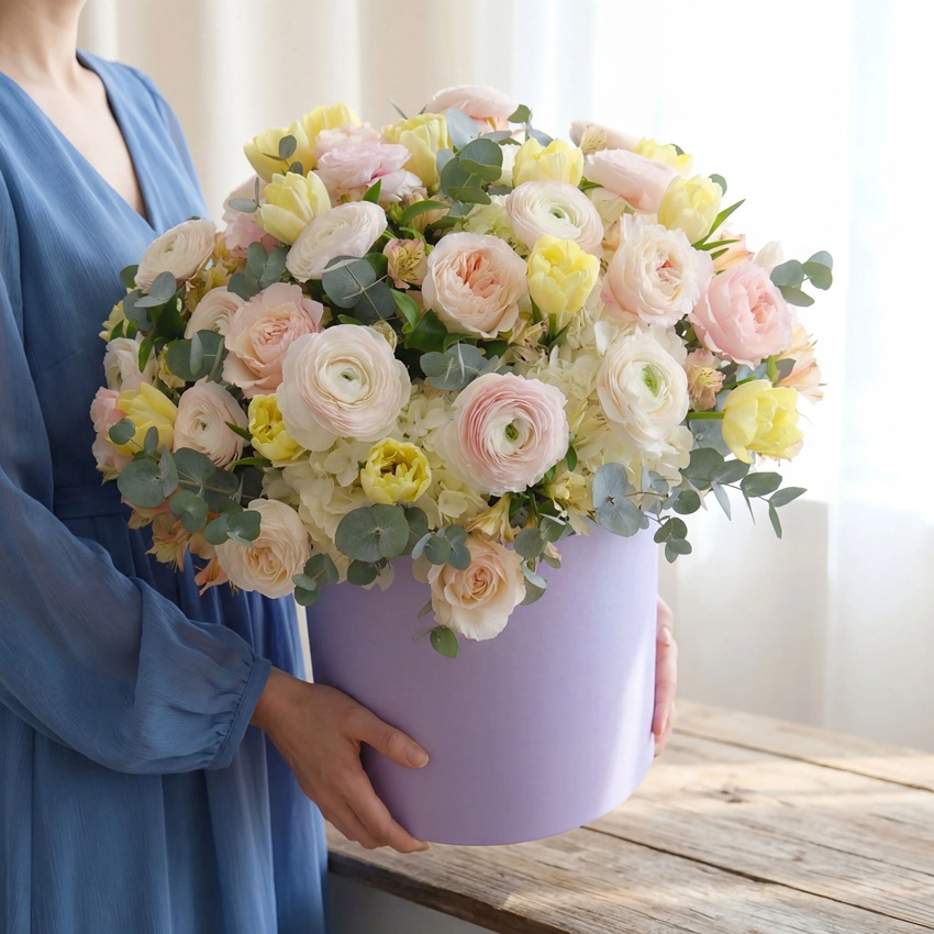 Ранункулюсы и тюльпаны в большом букете в коробке "Сад грез"