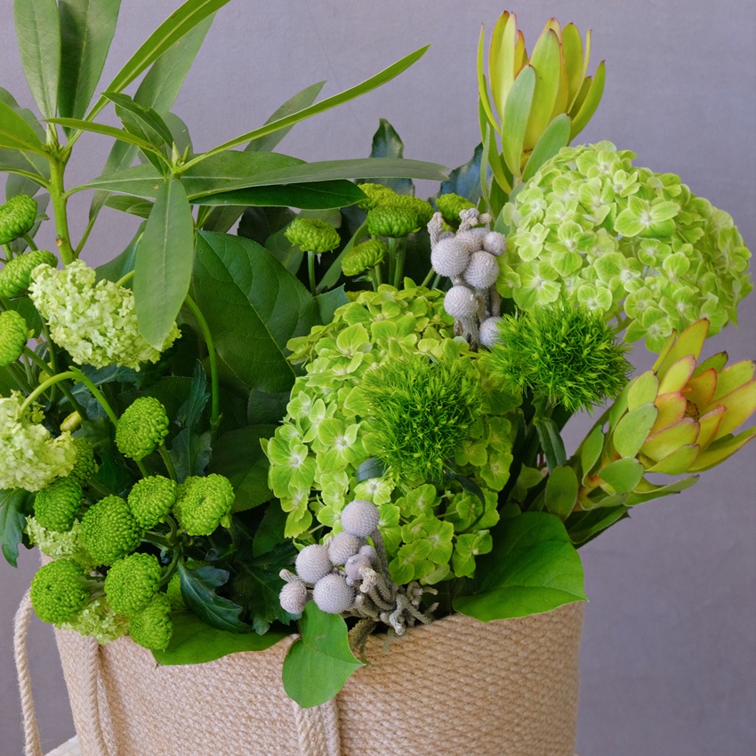 Гортензия, зелень, бруния и хризантемы в букете "Изумрудная жила"