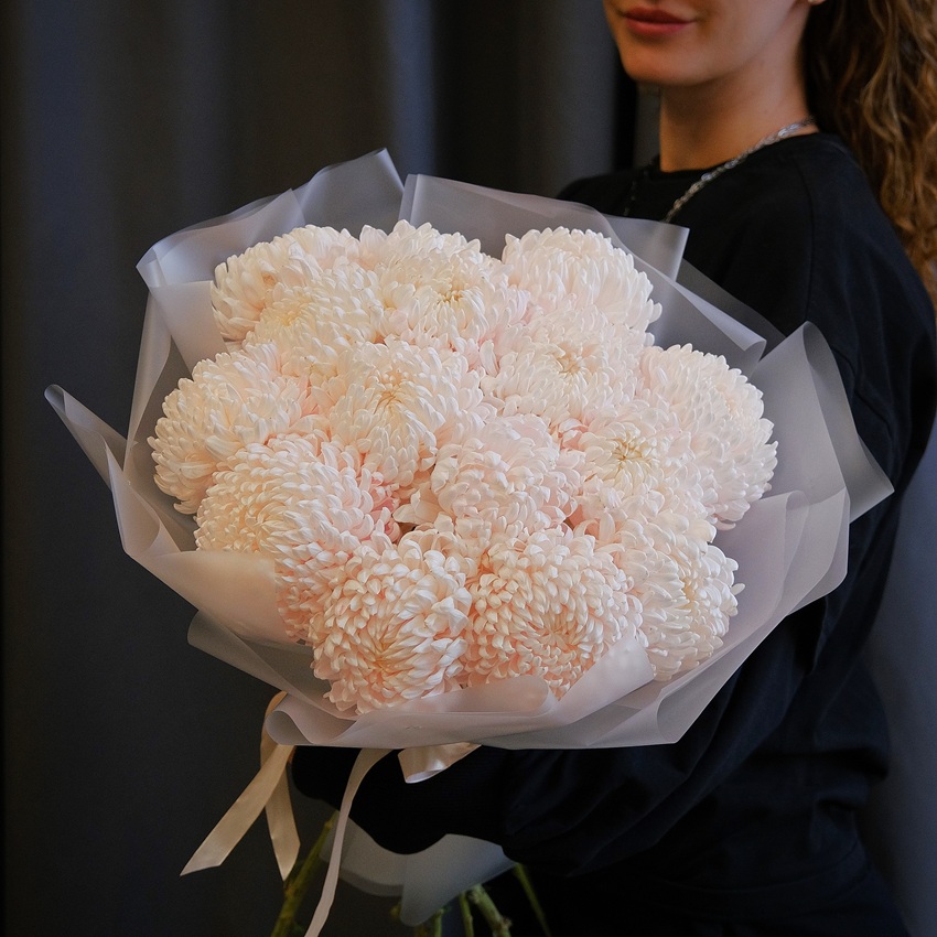 Нежные пудровые розовые хризантемы, 15 штучек