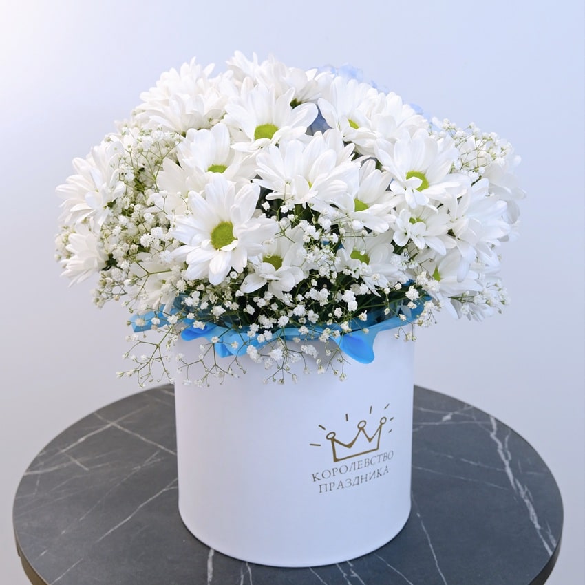 Голубая гортензия и хризантемы в коробочке "Мелодия нежности"