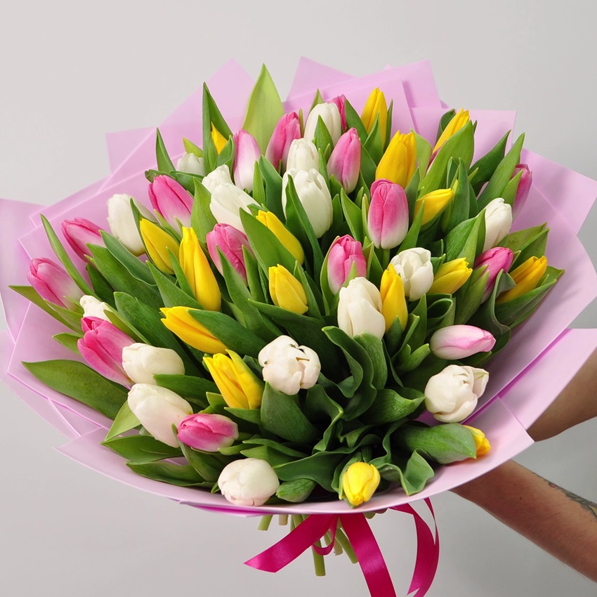 51 тюльпан - Микс Нежности (белый, желтый, розовый)