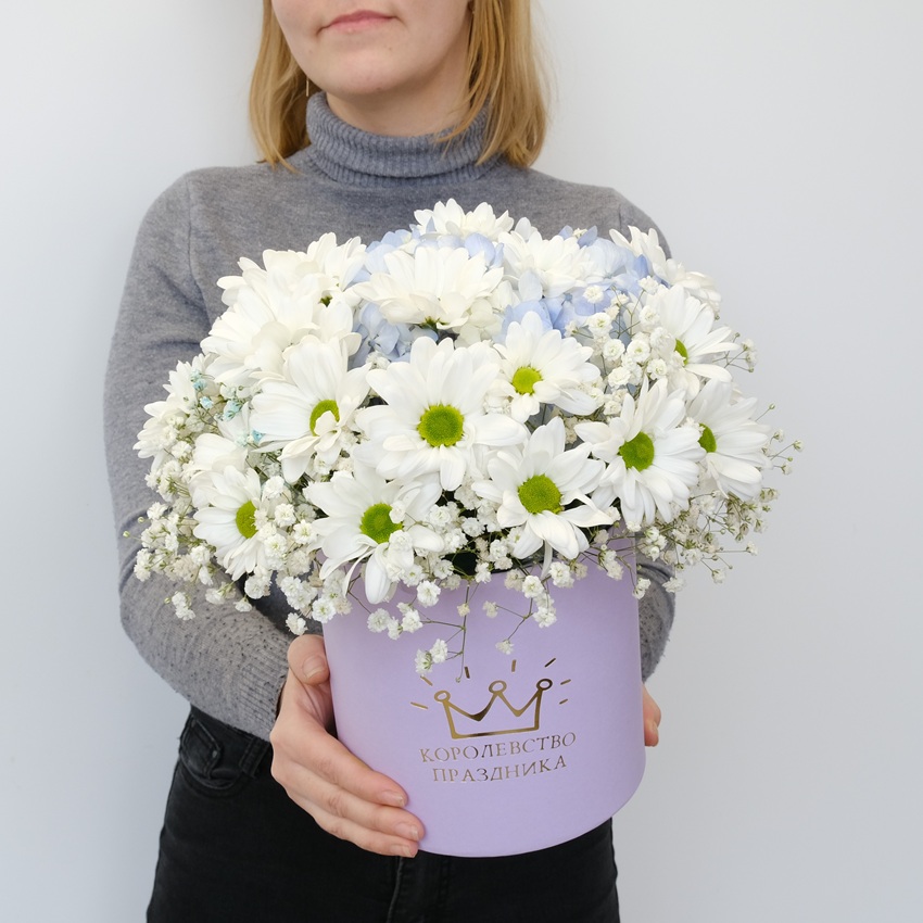 Хризантема, гипсофила и голубая гортензия в милой сиреневой коробочке