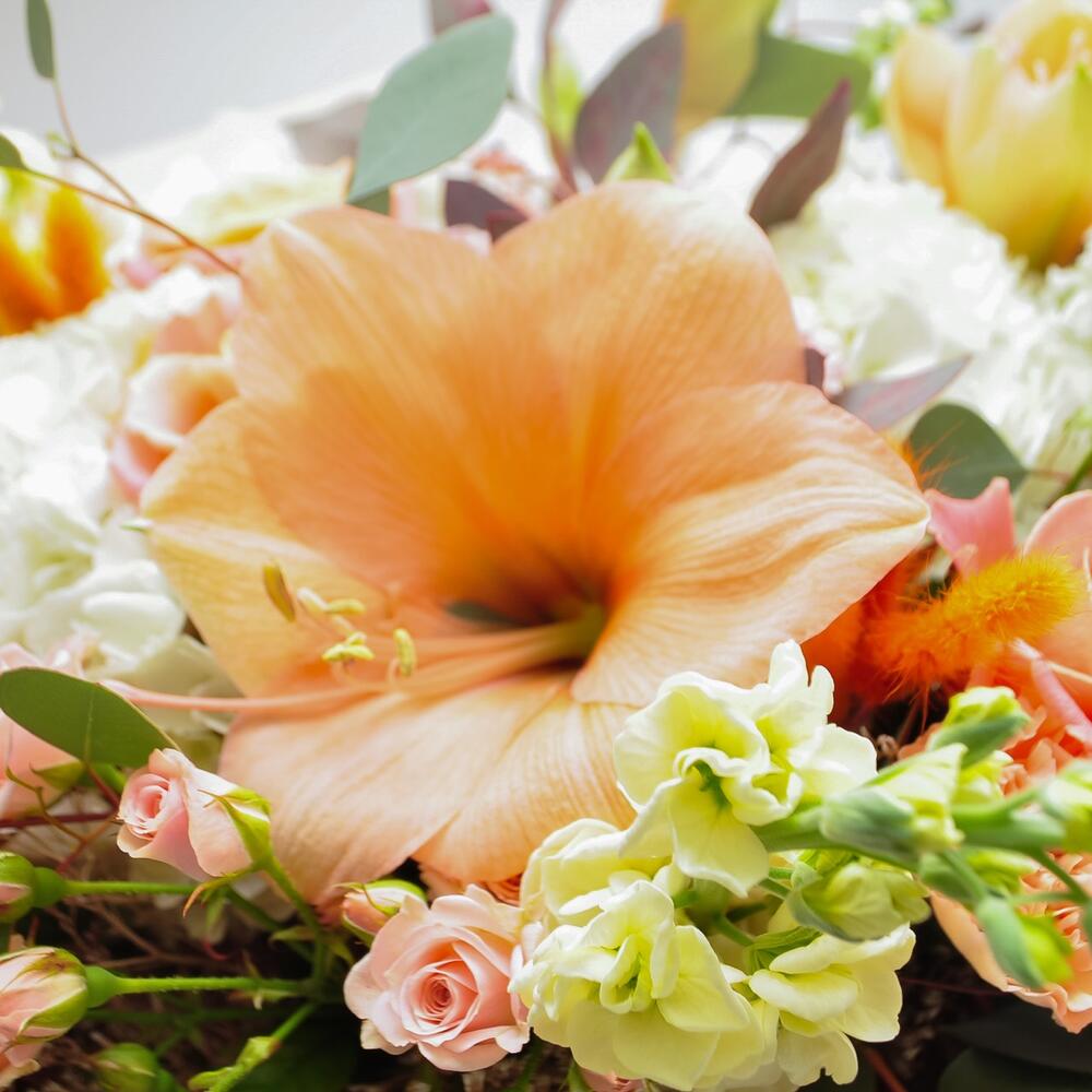 Огромный букет! Амариллисы и персиковые розы в букете "Абрикосовый рай"