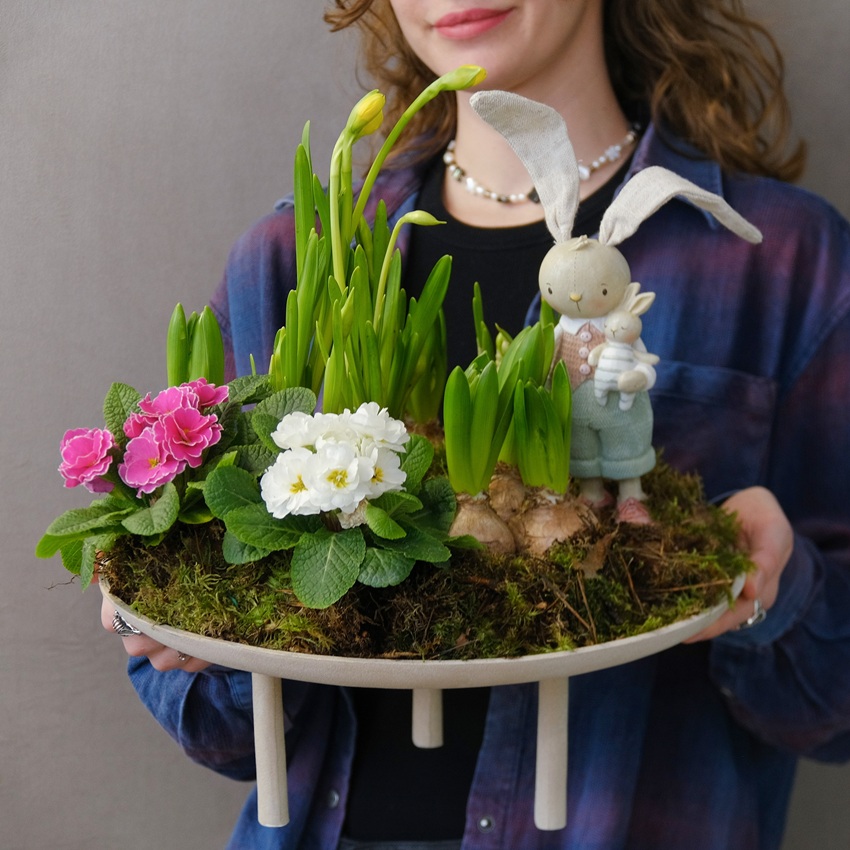 Садик с первоцветами в металлическом кашпо: нарциссы, гиацинты и примула с сувениром "Кто в цветочках живёт?"