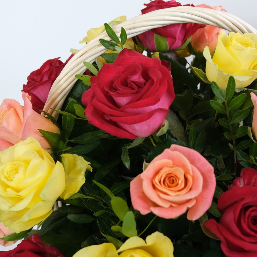 Яркие розы в корзине, 25 штучек