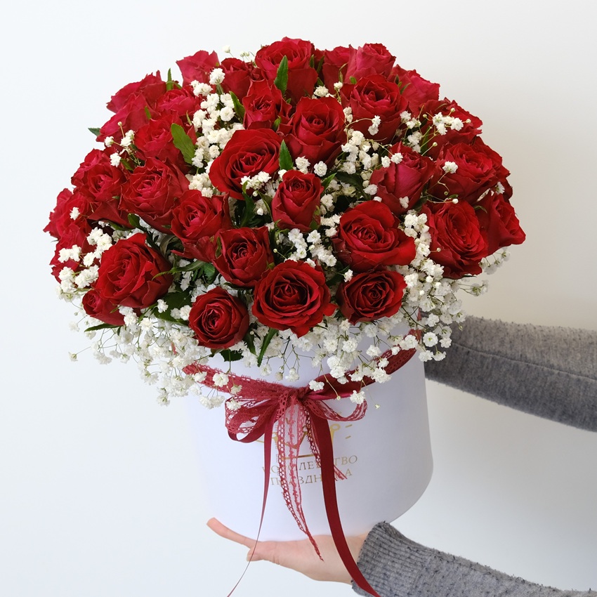 51 красная роза в коробочке с гипсофилой