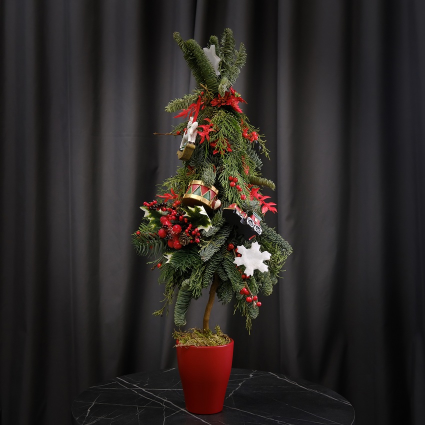 Ёлка ручной работы из нобилиса с красным декором в кашпо