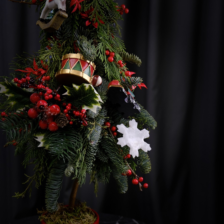 Ёлка ручной работы из нобилиса с красным декором в кашпо