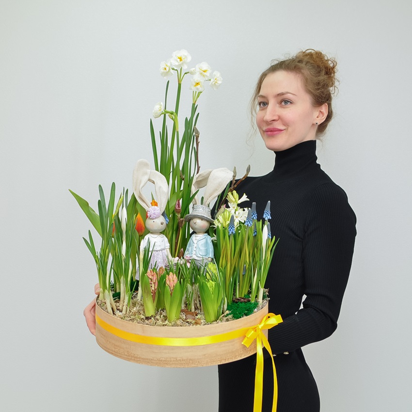 Садик с первоцветами: крокусы, тюльпаны, нарциссы и гиацинты "Зайчата"