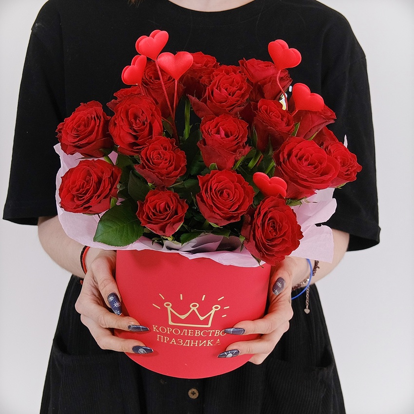 21 красная роза в коробочке "Африканская страсть"