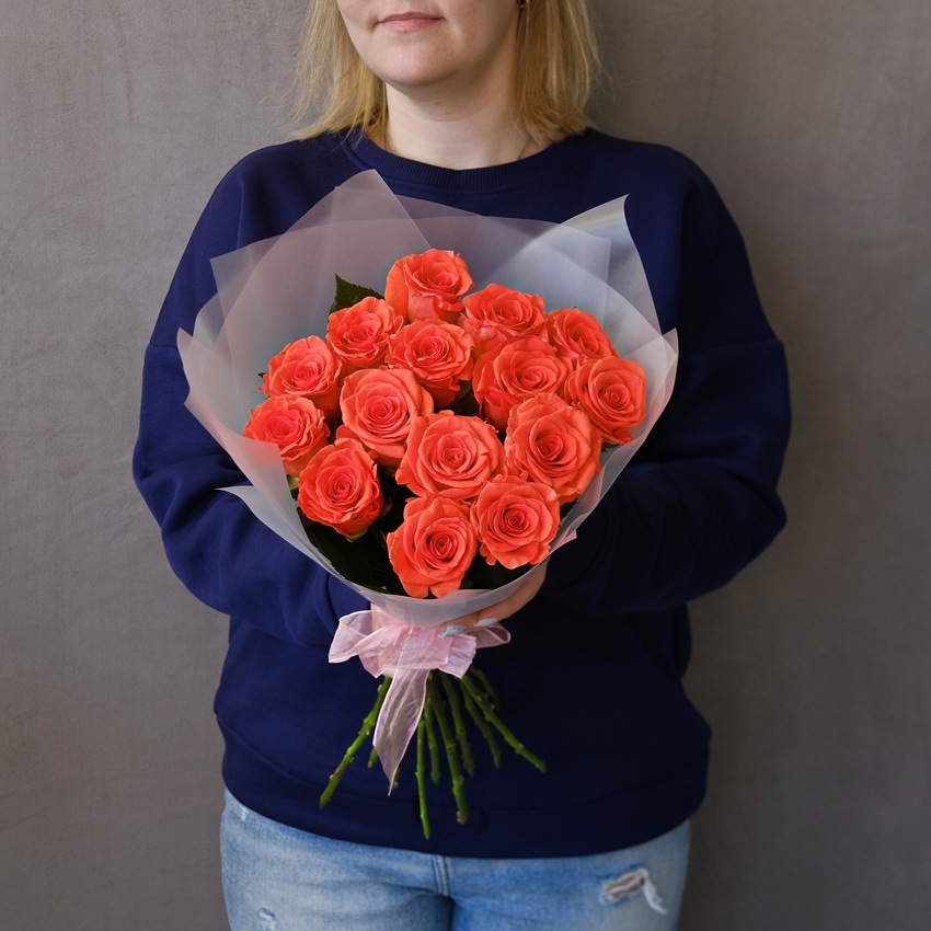Яркие пламенные розы Россия, 15 штучек