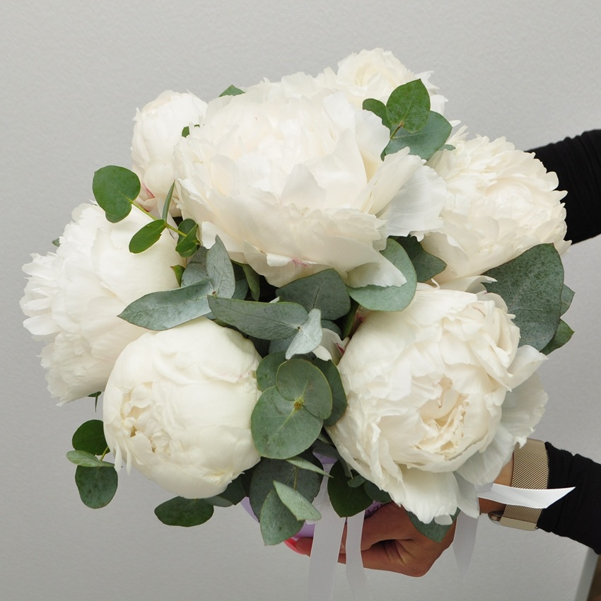 Белые пионы в коробочке с эвкалиптом, 7 штучек