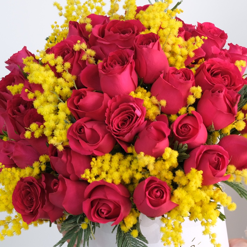 51 роза в коробке с итальянской мимозой "Солнечный восторг"