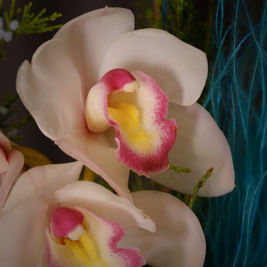 Орхидеи, голубая гортензия и пионовидные розы в стеклянной вазе