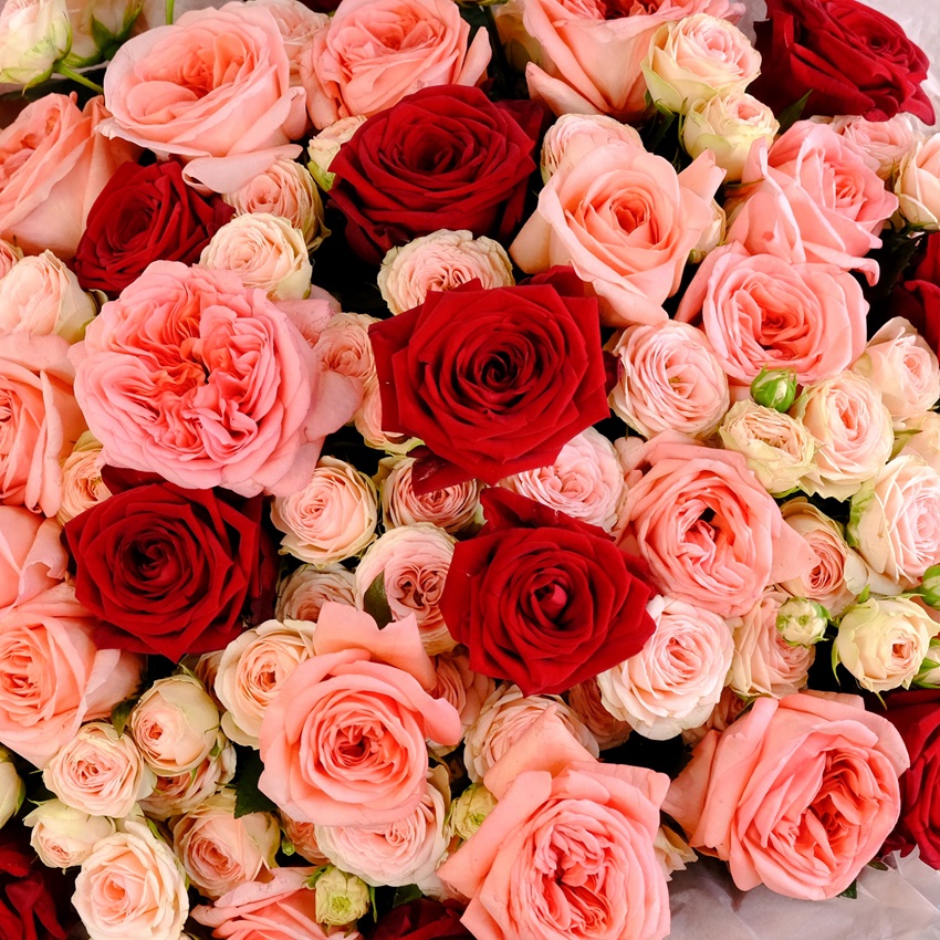 Кустовые и пионовидные розы в букете "Ассоль"