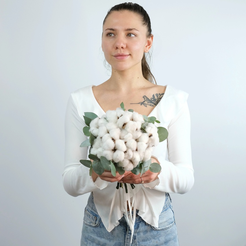 Букет невесты с хлопком и эвкалиптом "Эко-нежность"