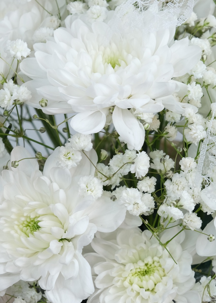 Хризантема и гипсофила в мини корзинке. Цена от 5 шт.