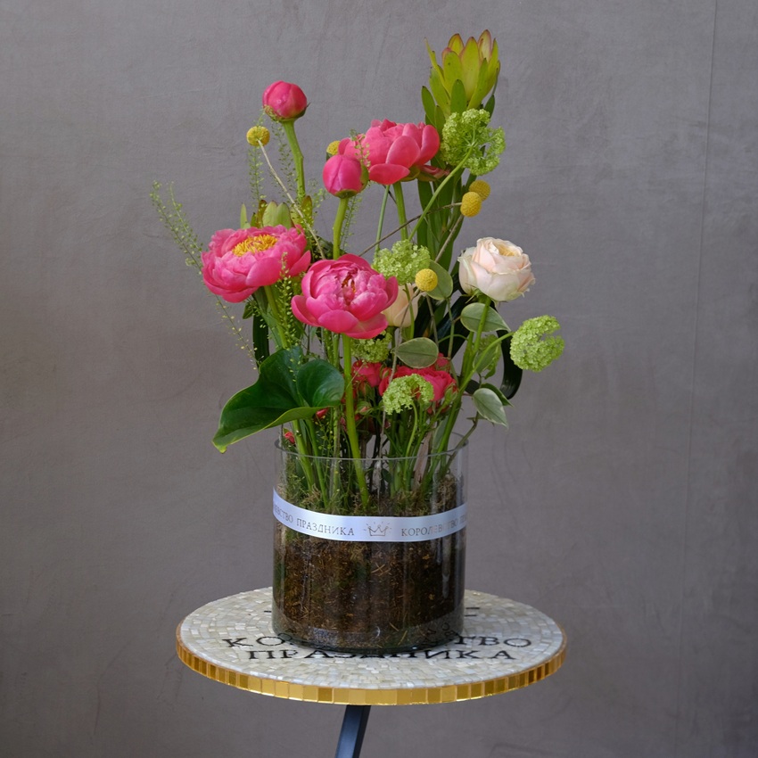 Коралловые пионы в интерьерном букете в вазе "Малиновый кот в стеклянном саду"