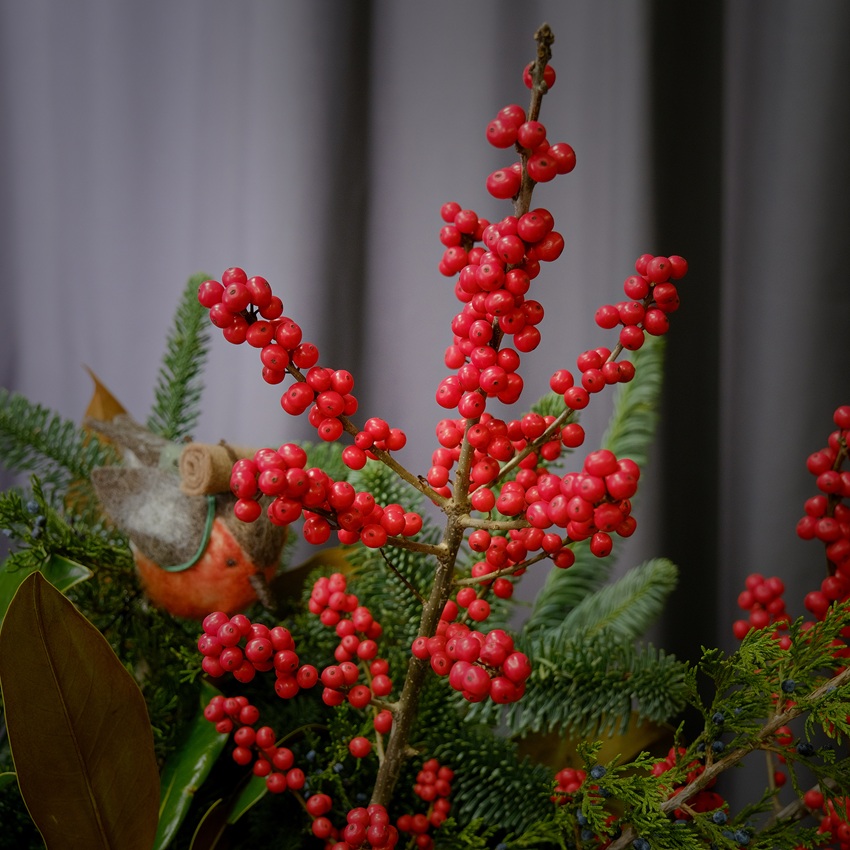 Зимний букет в сумке: нобилис, илекс и сувенир в композиции "Вестник праздника"