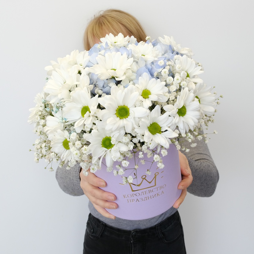 Хризантема, гипсофила и голубая гортензия в милой сиреневой коробочке