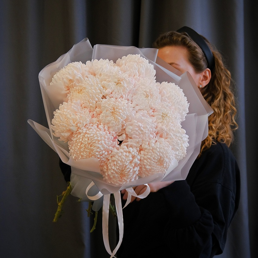 Нежные пудровые розовые хризантемы, 15 штучек