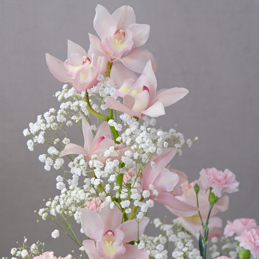 Розовая орхидея Цимбидиум и гипсофила в стеклянной вазе