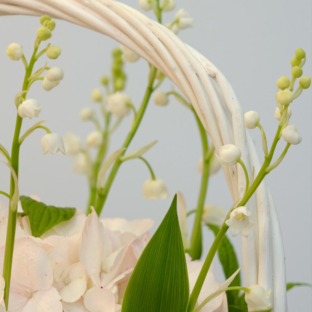 Ландыши и розовая гортензия в корзинке