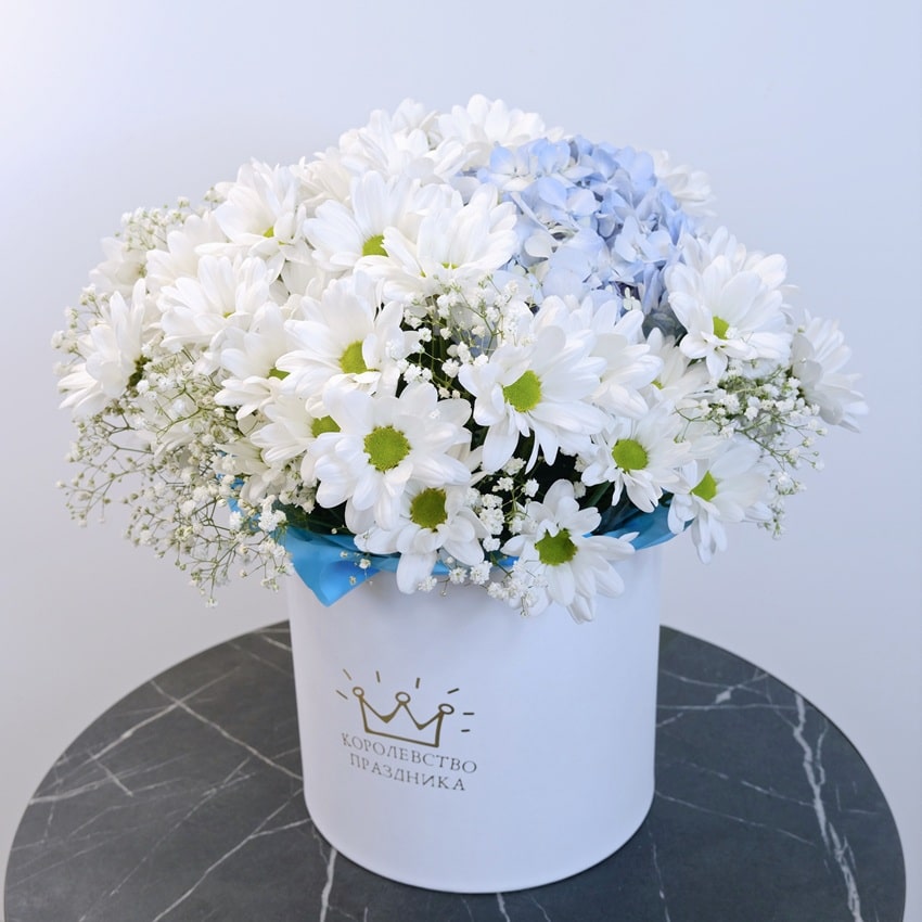 Голубая гортензия и хризантемы в коробочке "Мелодия нежности"