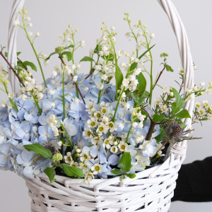 Ландыши и голубая гортензия в корзинке