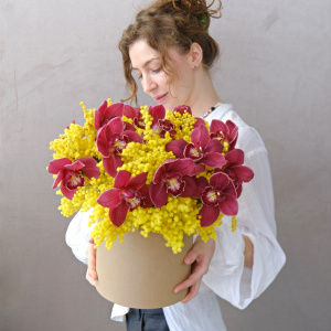 Бордовые орхидеи и ароматная мимоза в коробке "Медовая орхидея"