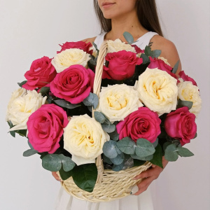 Крупные и ароматные розы, 25 штучек с эвкалиптом в корзине