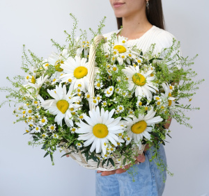 Охапка ромашек: ромашки в корзине "Солнечное обаяние"