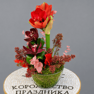 Композиция для интерьера в стеклянном кашпо: амариллис и орхидеи