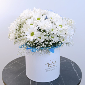Голубая гортензия и хризантемы в коробочке "Мелодия нежности"
