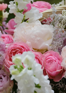 Пионы, антирринум и розы в большой корзине