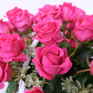 Ароматные крупные розы Пинк Флойд в корзине, 55 шт