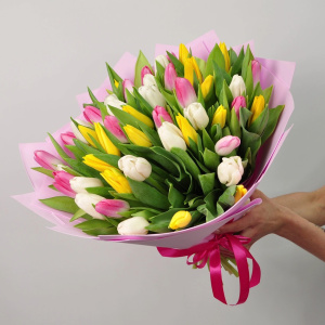 51 тюльпан - Микс Нежности (белый, желтый, розовый)