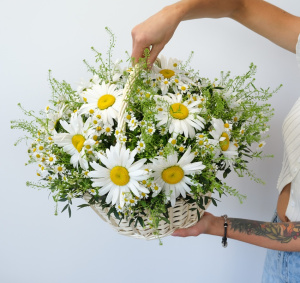 Охапка ромашек: ромашки в корзине "Солнечное обаяние"