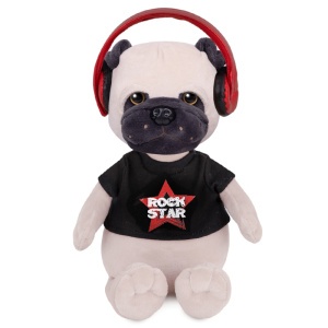 Мягкая игрушка Мопс Рокер в Футболке с Наушниками, 20 см, в Коробке