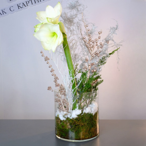 Белый амариллис в стеклянной вазе с зимним декором