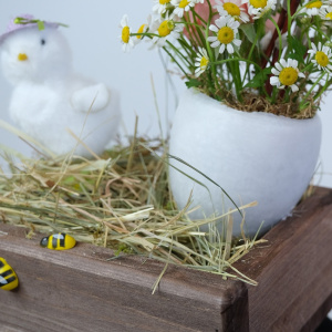 Композиция на пасху: яйцо с живыми цветами и сувениром "Цыплёнок"