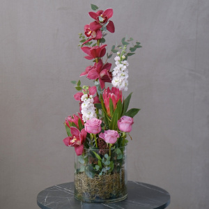 Бордовая орхидея Цимбидиум и протея в стеклянной вазе