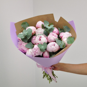 Пионы Сара Бернар, 15 штучек с эвкалиптом