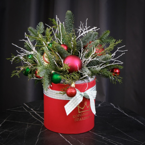 Нобилис в композиции в красных оттенках на новый год