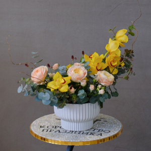 Орхидея Цимбидиум в интерьерной композиции в кашпо