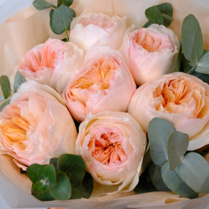 Пионовидные розы Джульетта с эвкалиптом, 7 штучек