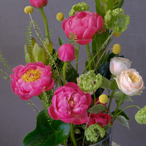 Коралловые пионы в интерьерном букете в вазе "Малиновый кот в стеклянном саду"