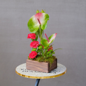 Антуриумы и гвоздики в интерьерной композиции в ящике