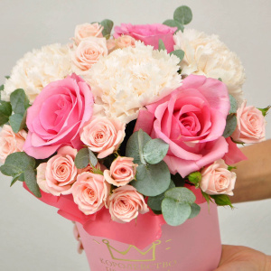 Розовые розы в коробочке "Малиновый бриз"