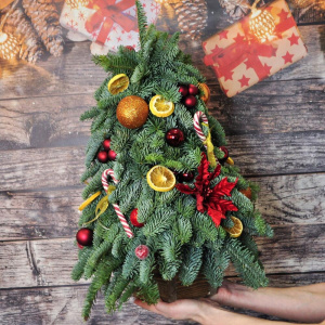 Яркая елка ручной работы из нобилиса с декором